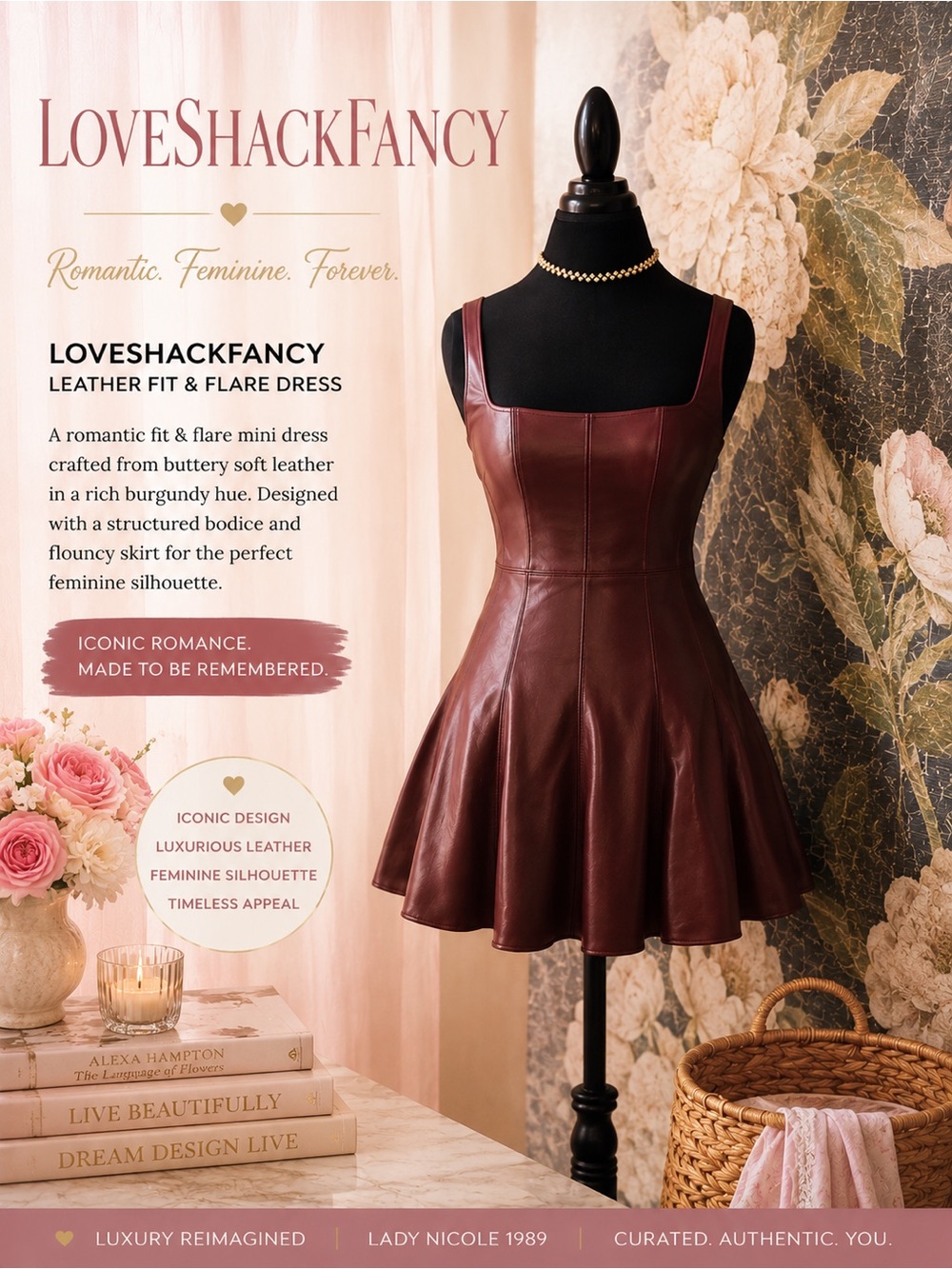 LoveShackFancy Oxblood Faux Leather Fit & Flare Mini Dress NWT 4